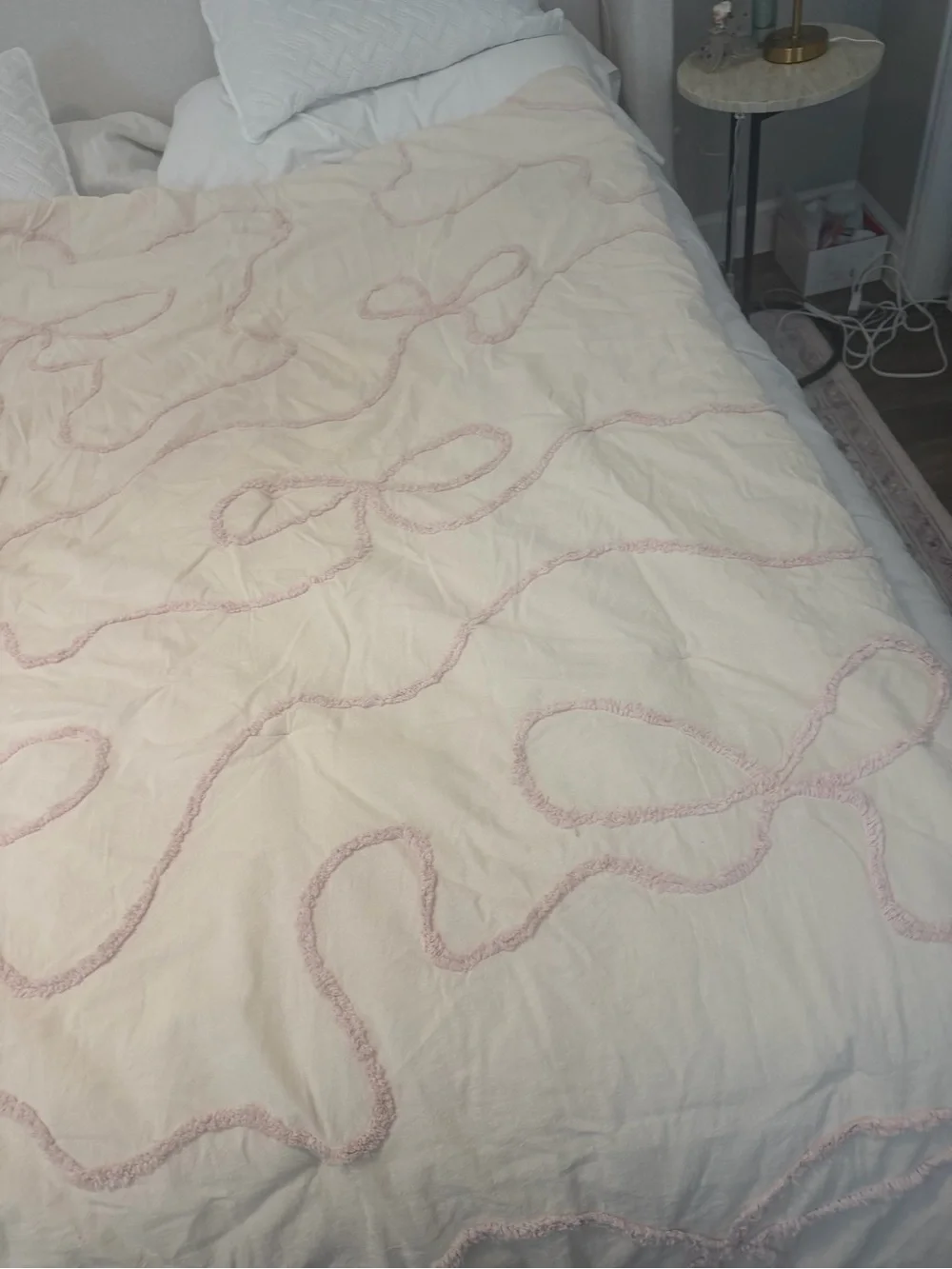 Urban Outfitters Cream Comforter with Blush Tufted Loop Design